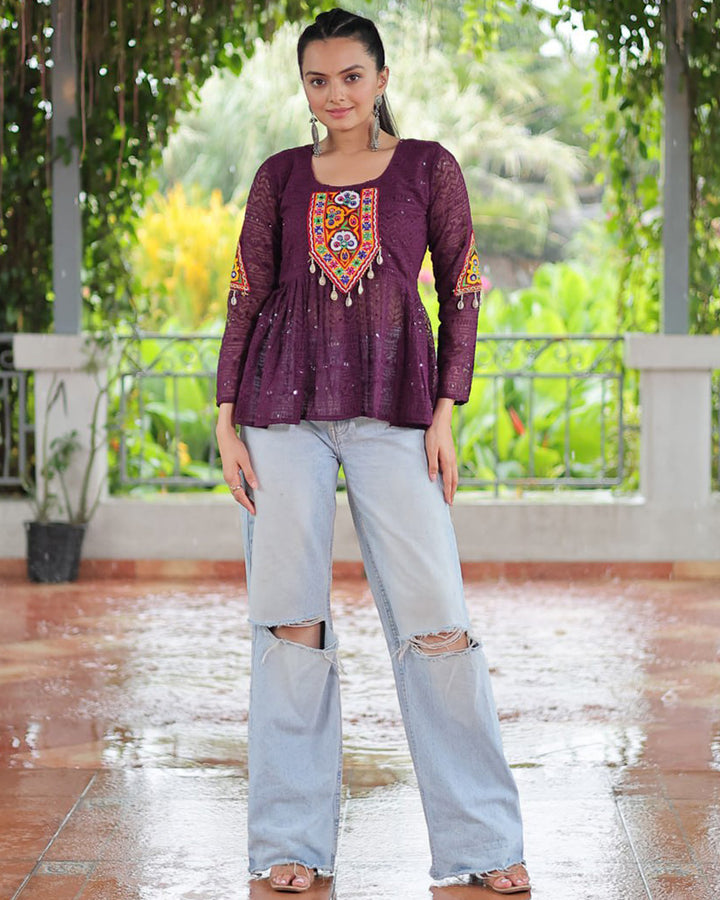 Wine Color Georgette Schiffli Work Navratri Kediya