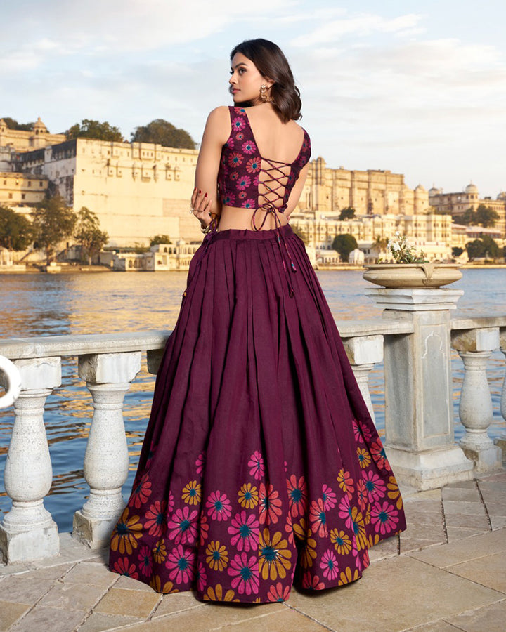 WIne Color Tussar Silk Floral Printed Lehenga Choli