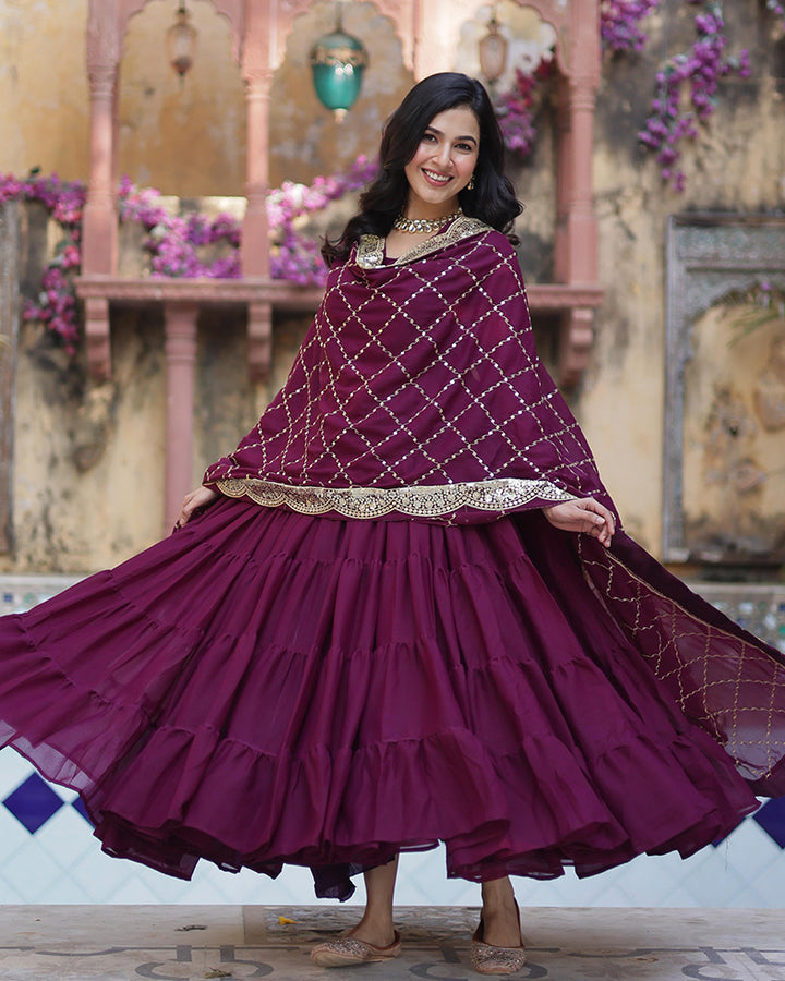 Plum Color Star Georgette Gown With Embroidered Dupatta