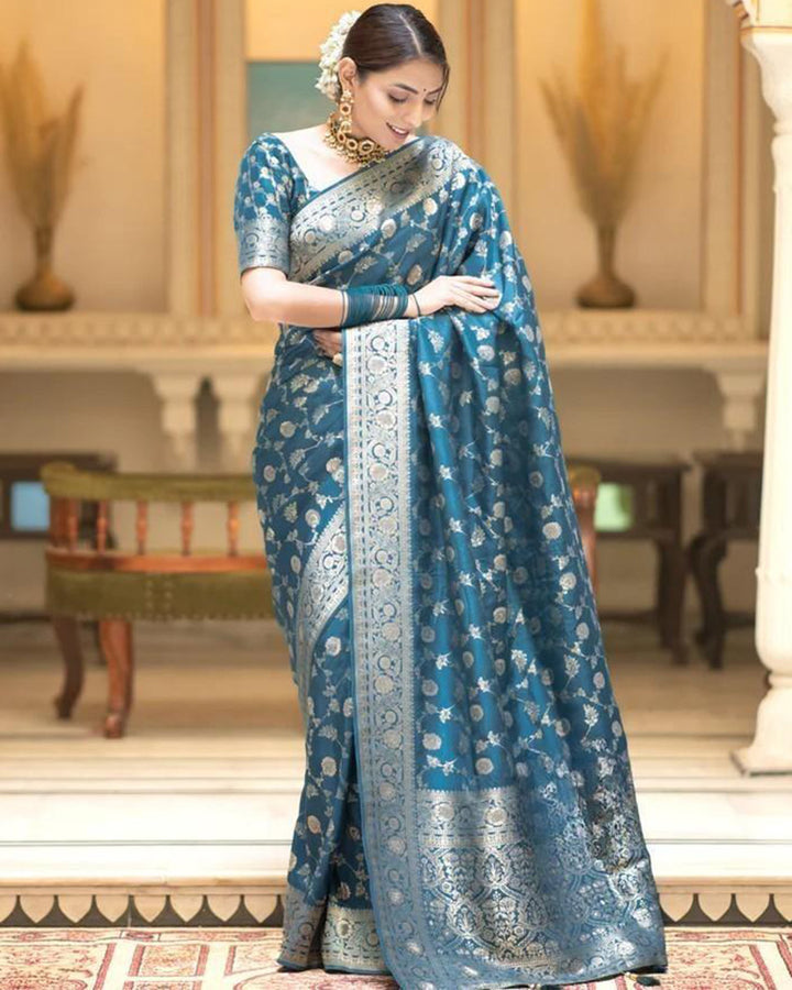 Rama Color Banarasi Jacquard With Zari Work Saree