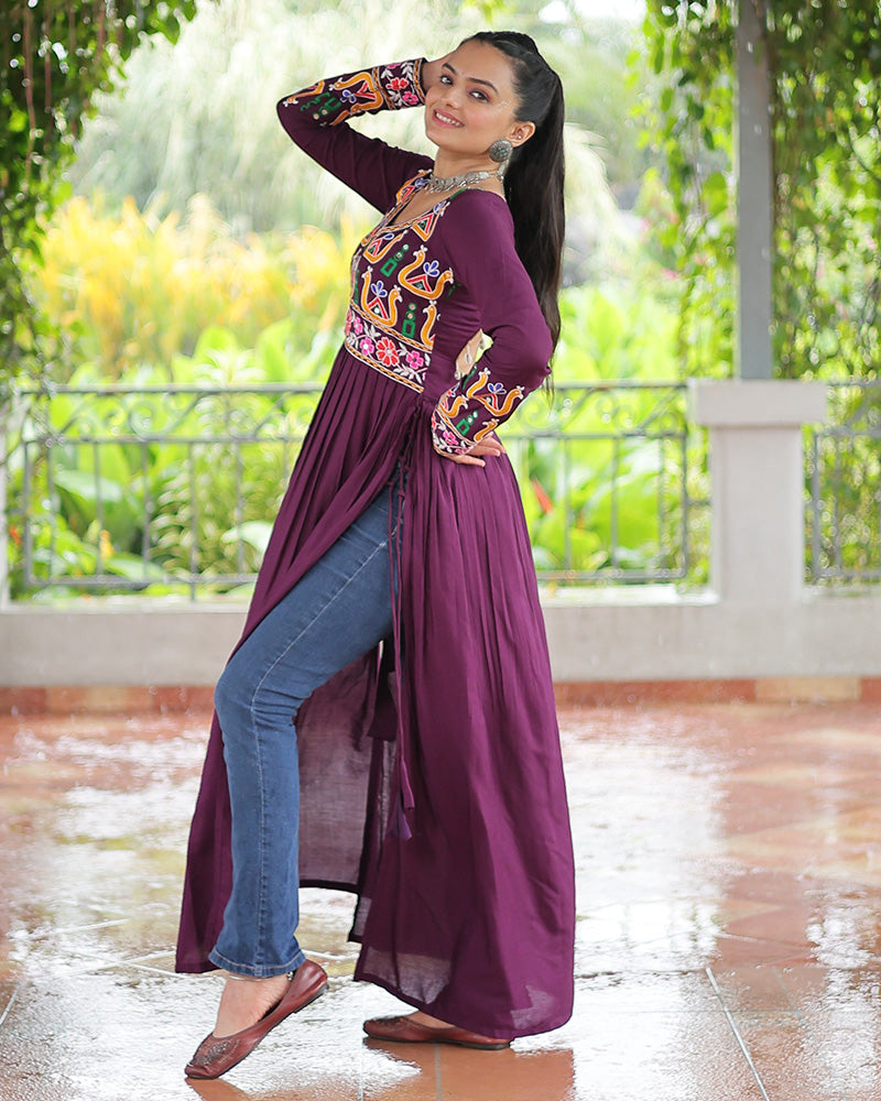 Wine Color Rayon Gamthi Work Navratri Kurti