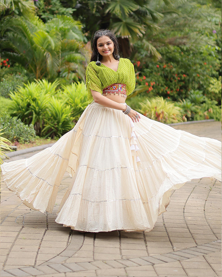 White Color Kora Cotton Lehenga With Parrot Green Choli