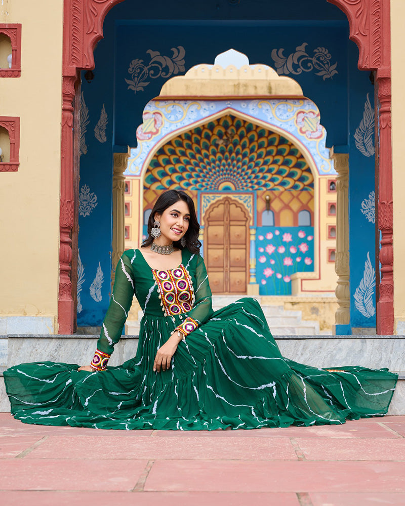 Green Color Georgette Laheriya Print Navratri Gown