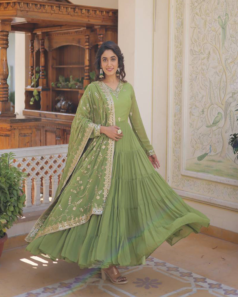 Parrot Green Color Faux Georgette Designer Anarkali Gown With Dupatta