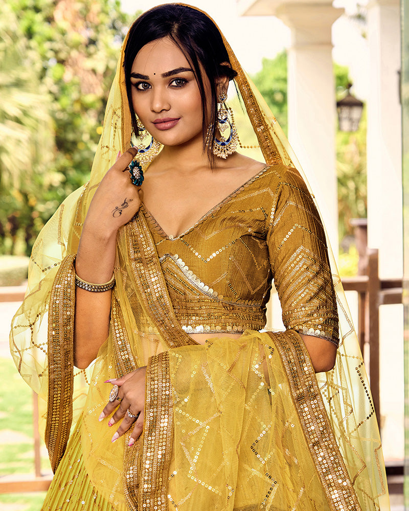 Yellow Color Chinon Embroidered Lehenga