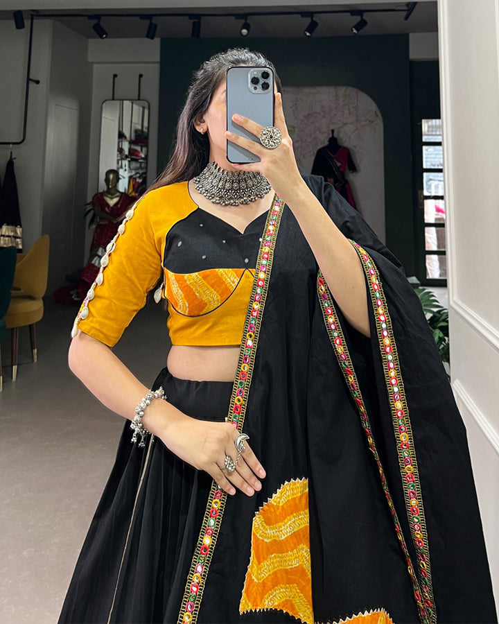 Mustard And Black Color Pure Cotton Navratri Lehenga Choli