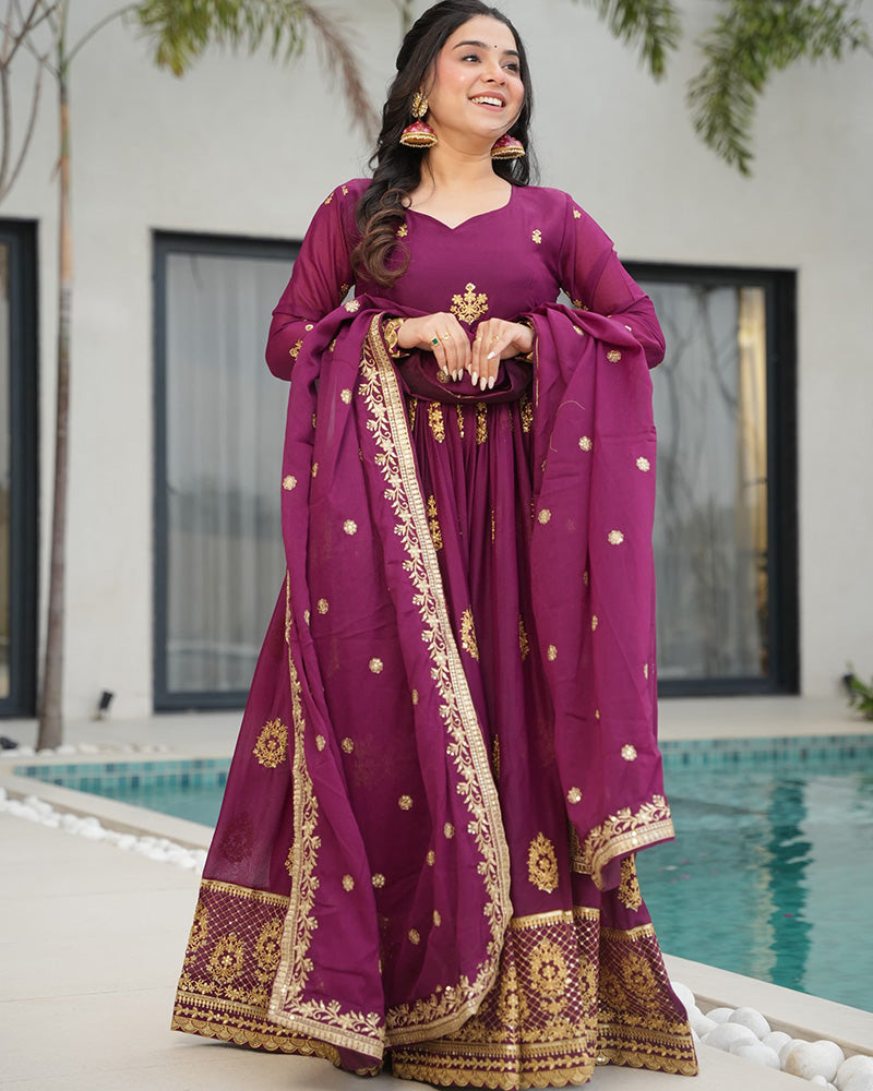 Wine Color Star Georgette Sequence Embroidered Gown