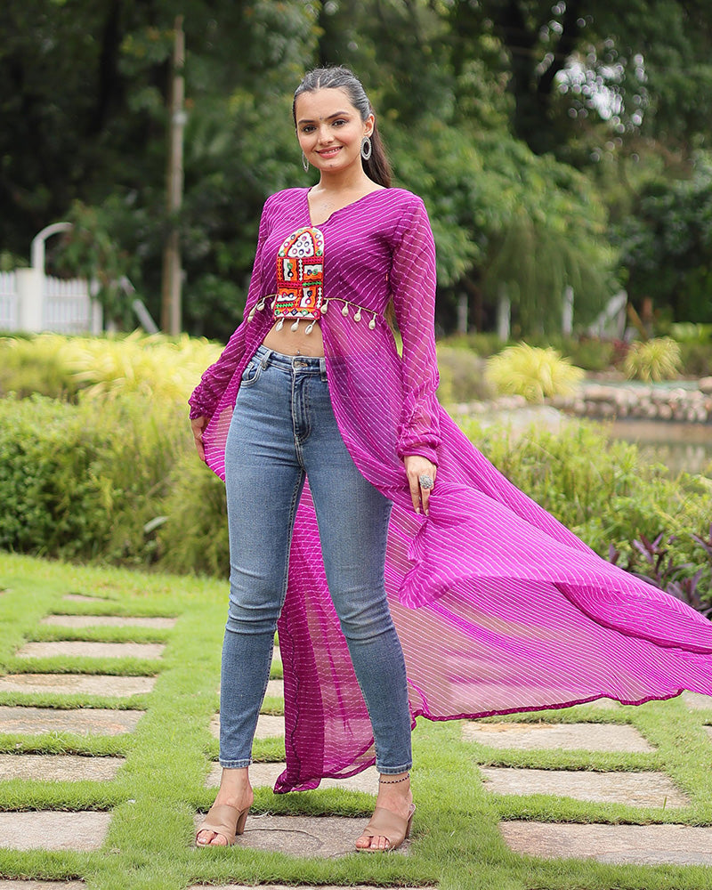 Wine Color Georgette Laheriya Print Navratri Kurti