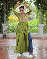 Parrot Green Color Rayon Gamthi Work Navratri Kurti