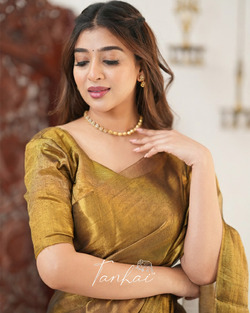 Golden Color Handloom Raga Tissue Cotton Saree