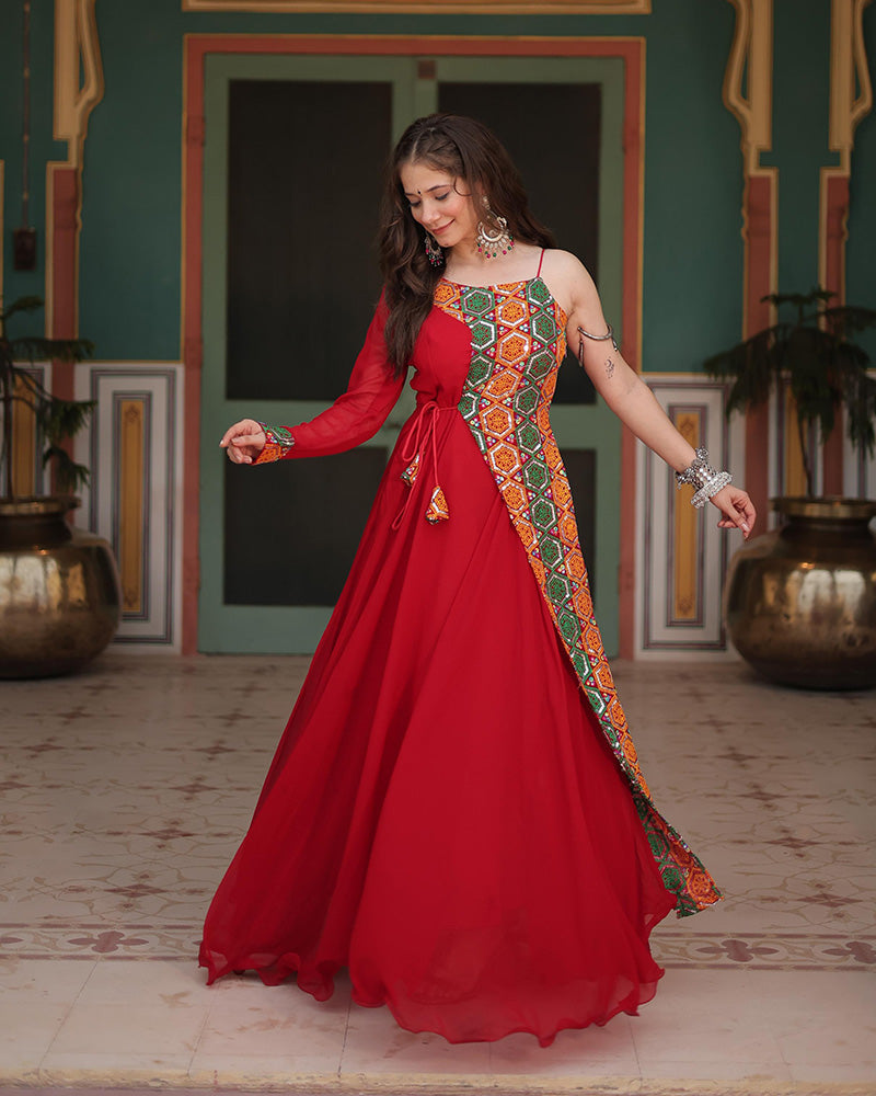 Red Color Faux Blooming Navratri Gown