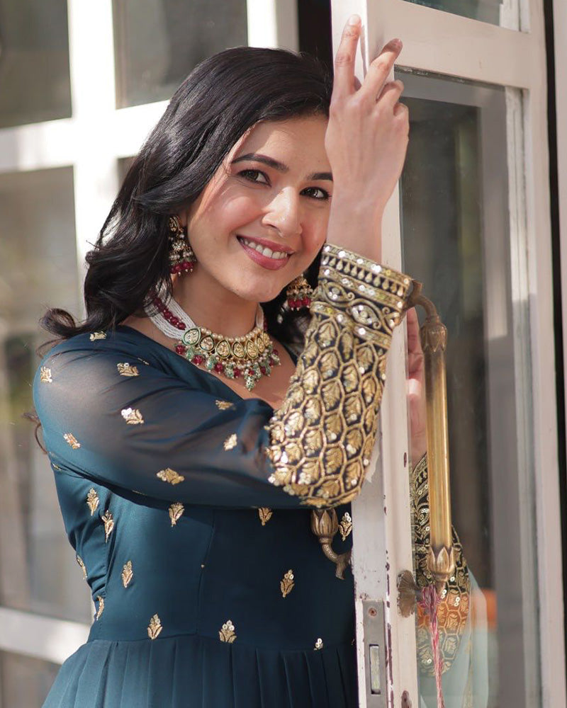 Viking Blue Color Faux Blooming Zari Embroidered Work Gown