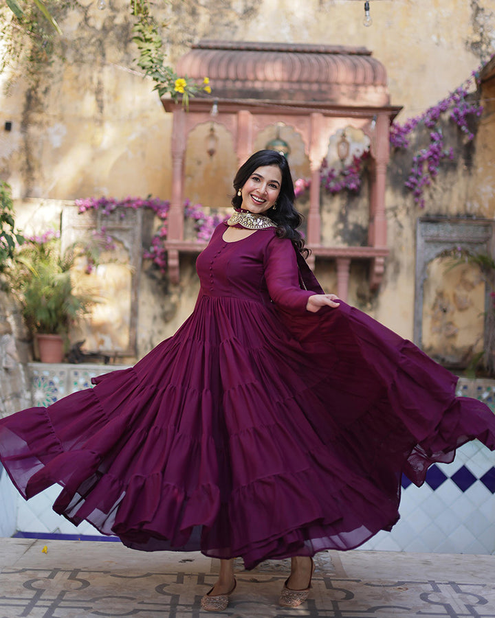 Plum Color Star Georgette Gown With Embroidered Dupatta