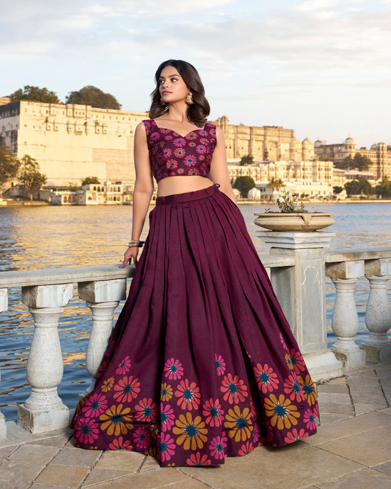 WIne Color Tussar Silk Floral Printed Lehenga Choli