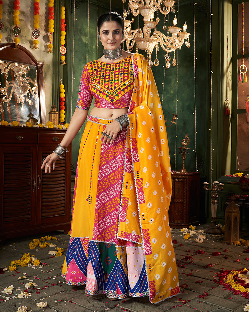 Yellow Color Maslin Cotton Printed Navratri Lehenga Choli