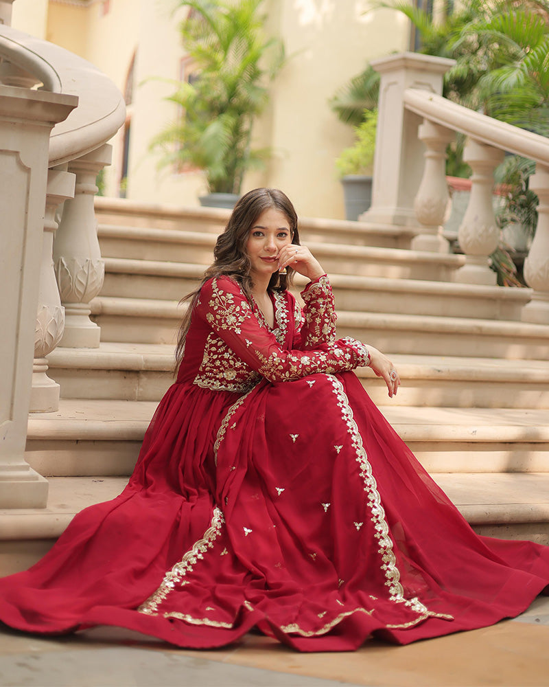 Maroon  Color Faux Blooming Multi Embroidered Work Gown