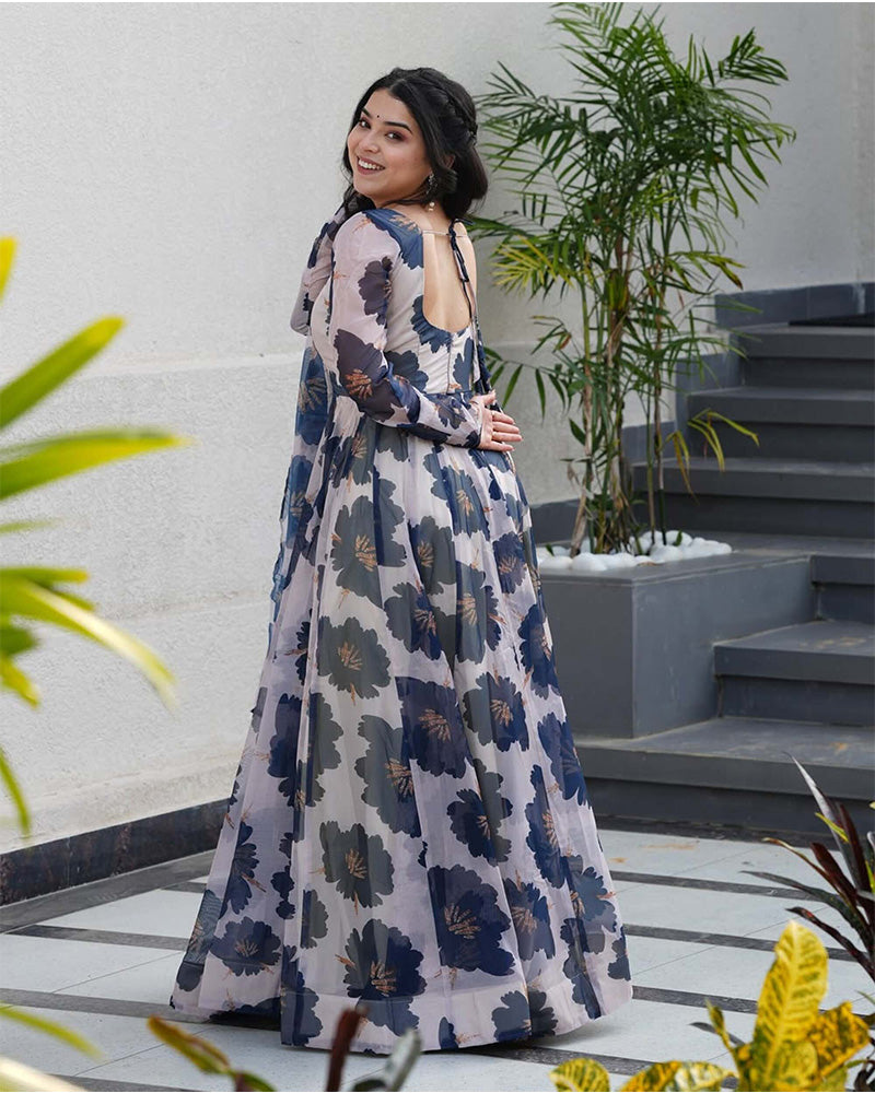 Blue Color Flower Print Tabby Organza Anarkali Suit