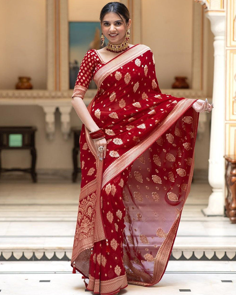 Red Color Banarasi All Over Jacquard Soft Silk Saree