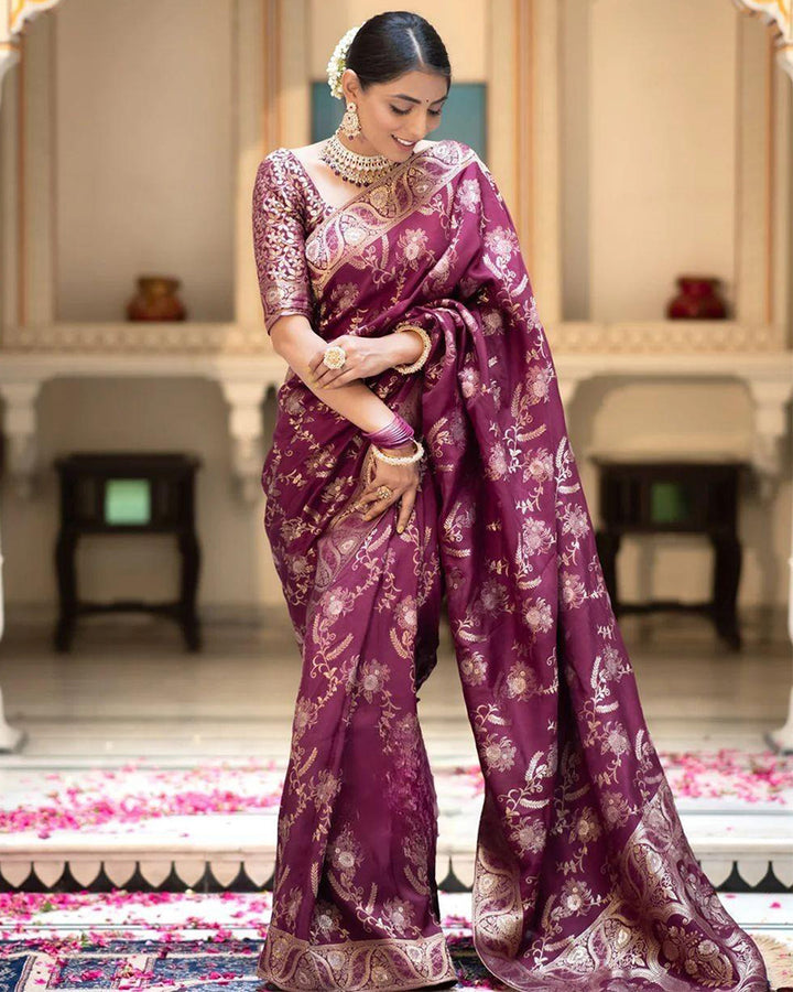 Wine Color Banarasi Jacquard Zari Weaving Saree