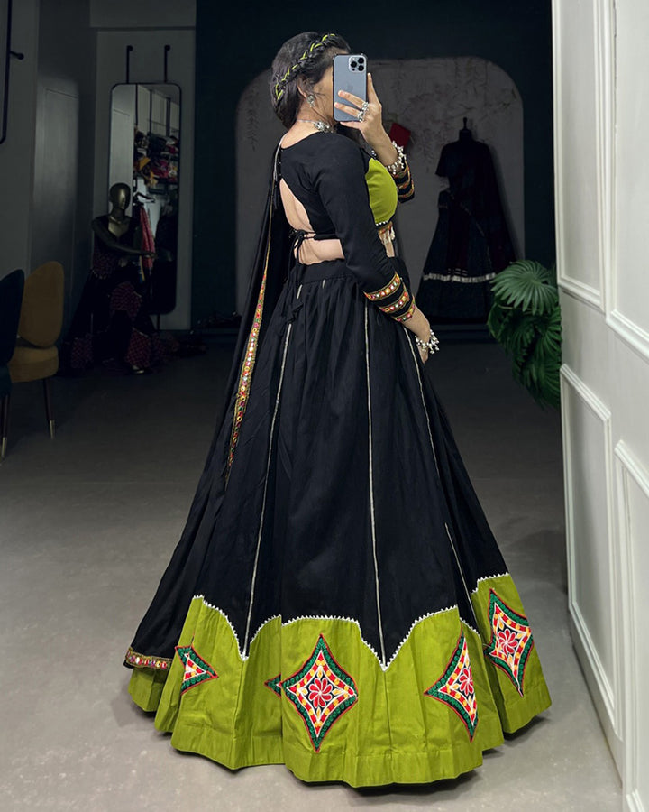 Green And Black Color Cotton Gamthi Work Navratri Lehenga Choli