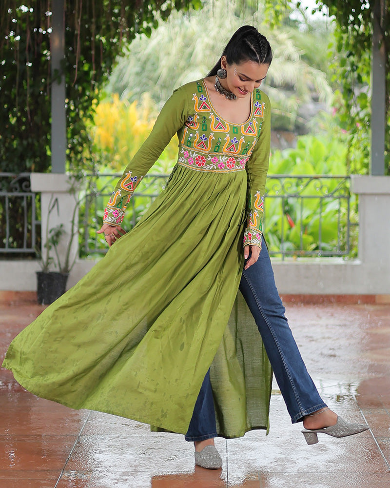Parrot Green Color Rayon Gamthi Work Navratri Kurti