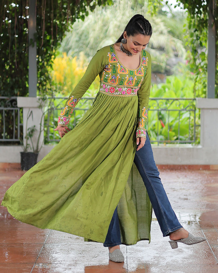 Parrot Green Color Rayon Gamthi Work Navratri Kurti
