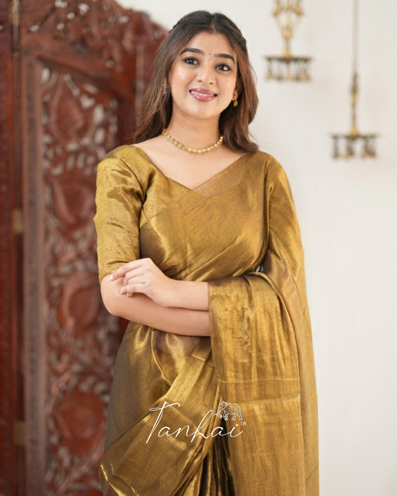 Golden Color Handloom Raga Tissue Cotton Saree