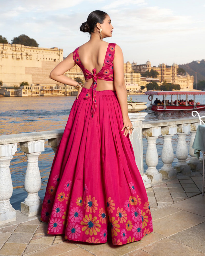 Pink Color Tussar Silk Floral Printed Lehenga Choli