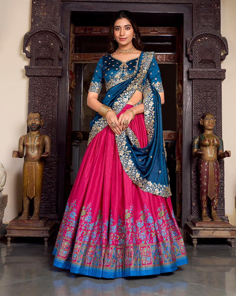 Pink Color Tussar Silk Printed And Foil Work Lehenga Choli