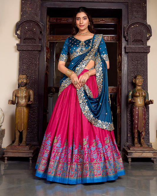 Pink Color Tussar Silk Printed And Foil Work Lehenga Choli