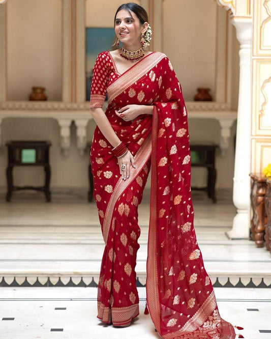 Red Color Banarasi All Over Jacquard Soft Silk Saree