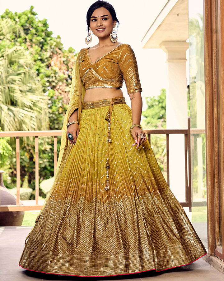 Yellow Color Chinon Embroidered Lehenga