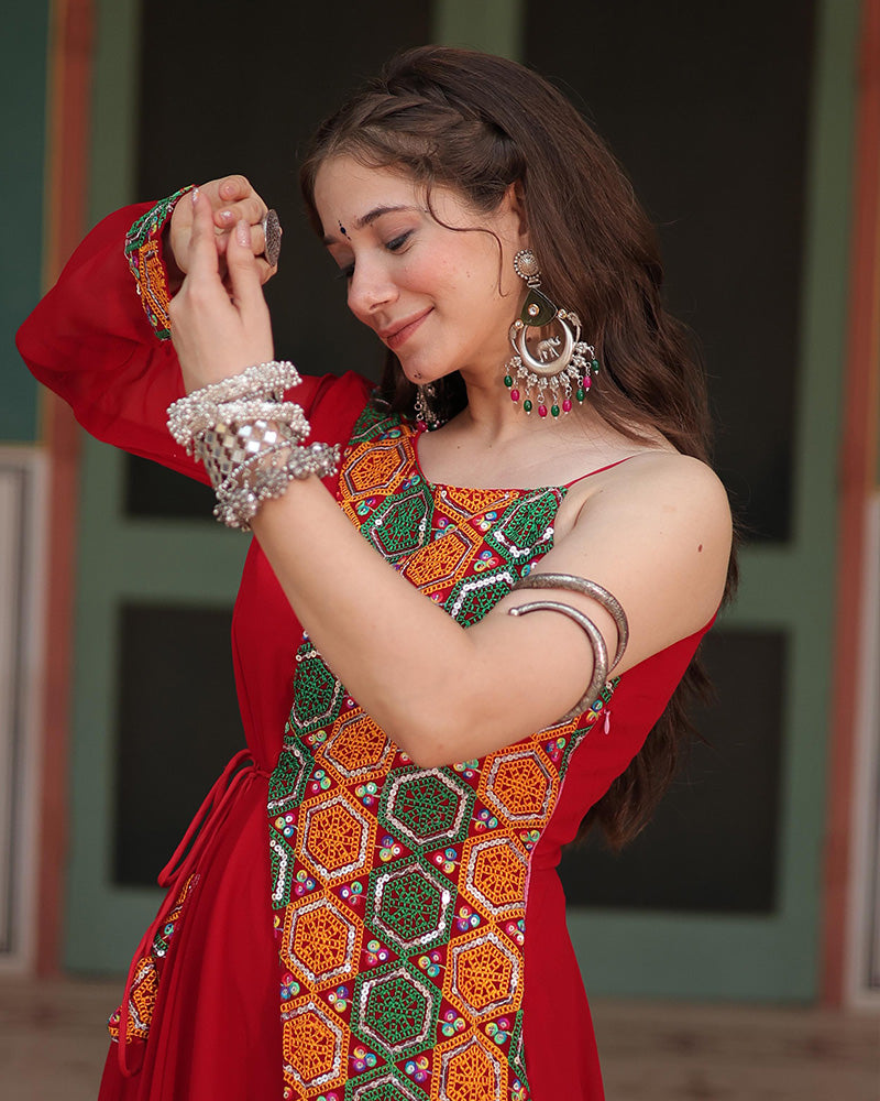 Red Color Faux Blooming Navratri Gown