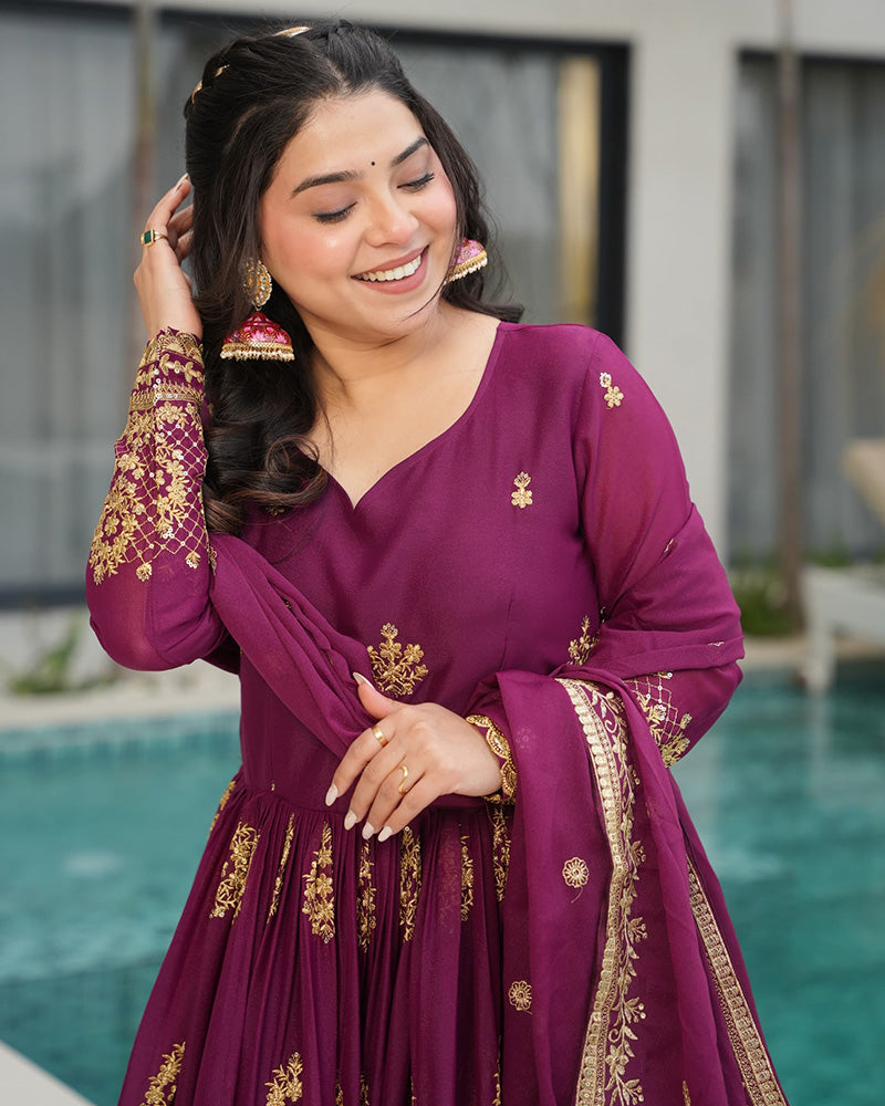 Wine Color Star Georgette Sequence Embroidered Gown