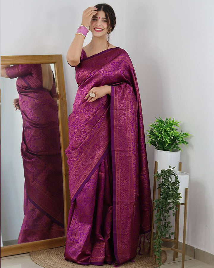 Wine Color Banarasi Jacquard Soft Silk Saree