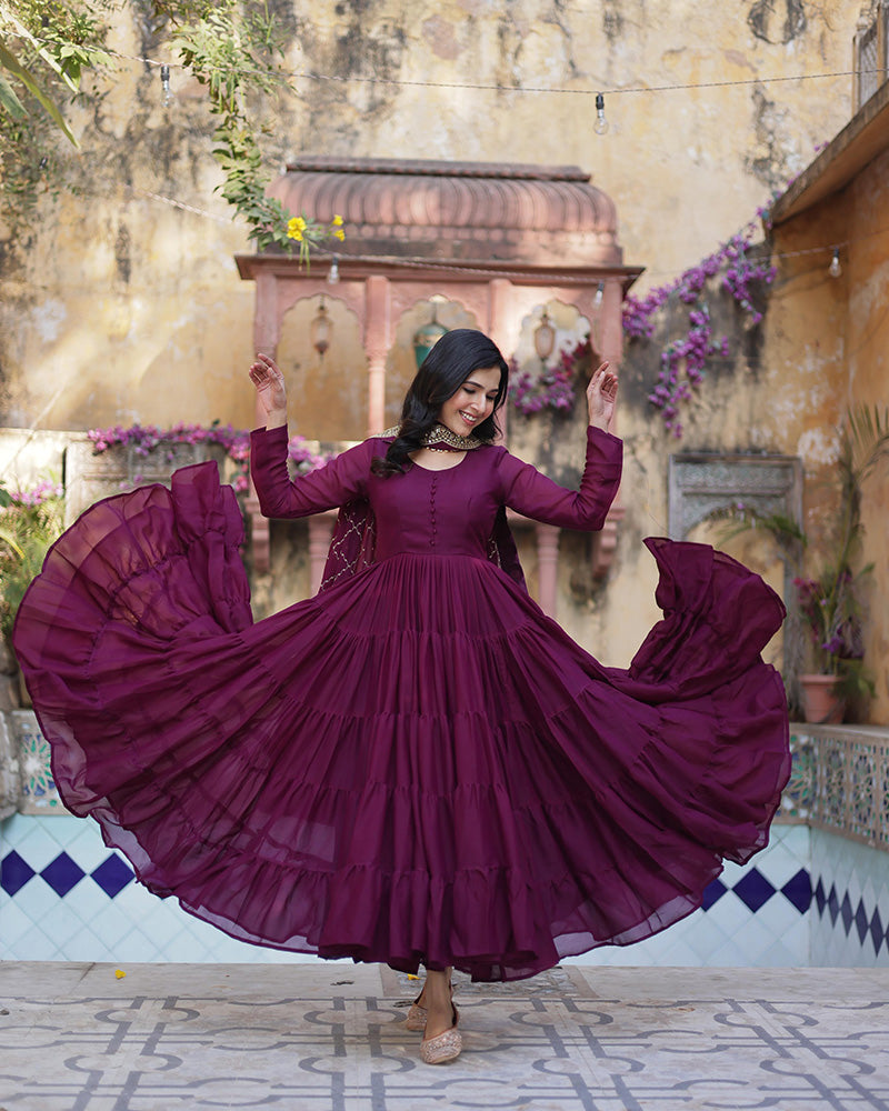 Plum Color Star Georgette Gown With Embroidered Dupatta