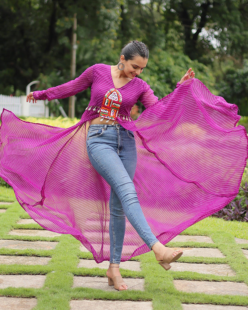 Wine Color Georgette Laheriya Print Navratri Kurti