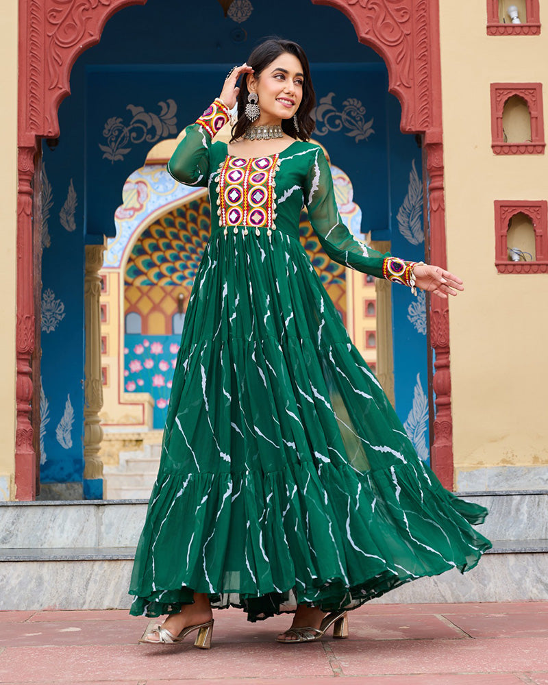 Green Color Georgette Laheriya Print Navratri Gown