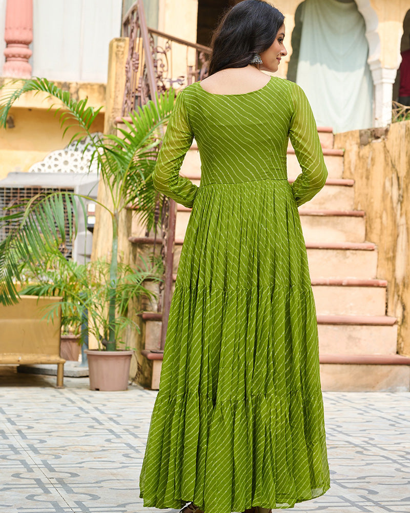 Vibrant Parrot Green Kutchi Work Laheriya Printed Anarkali Gown