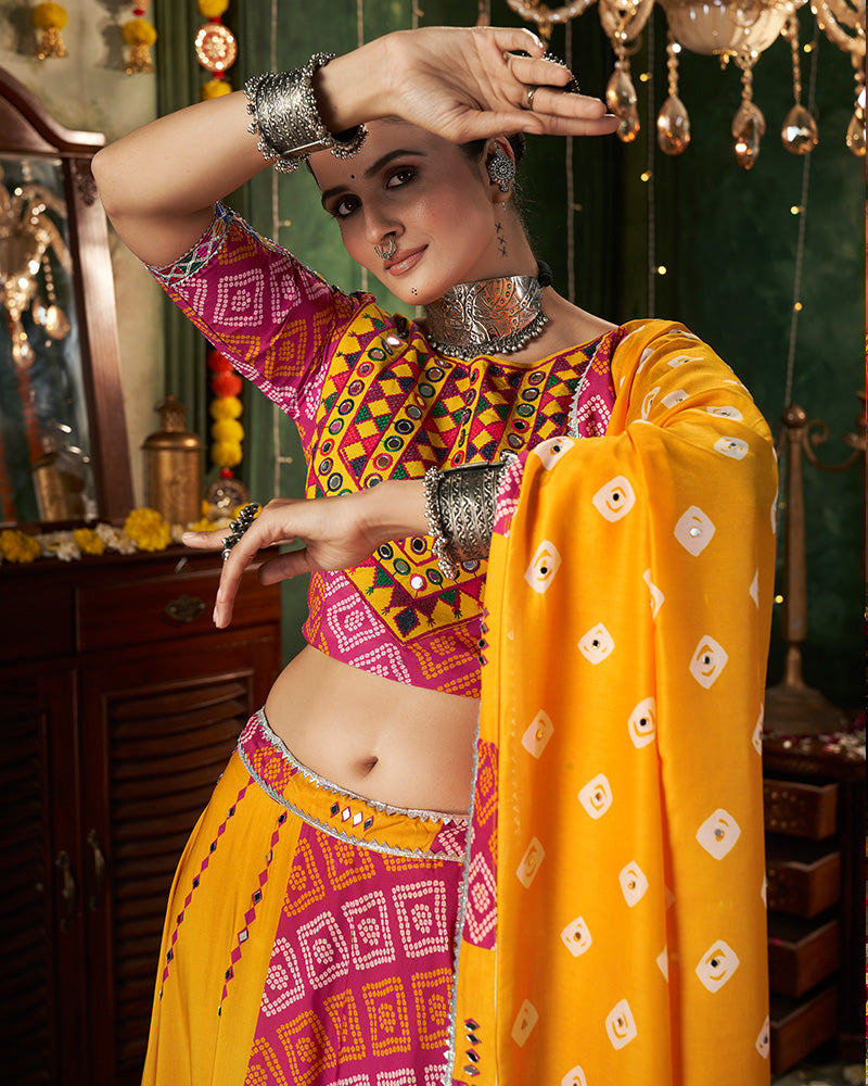 Yellow Color Maslin Cotton Printed Navratri Lehenga Choli