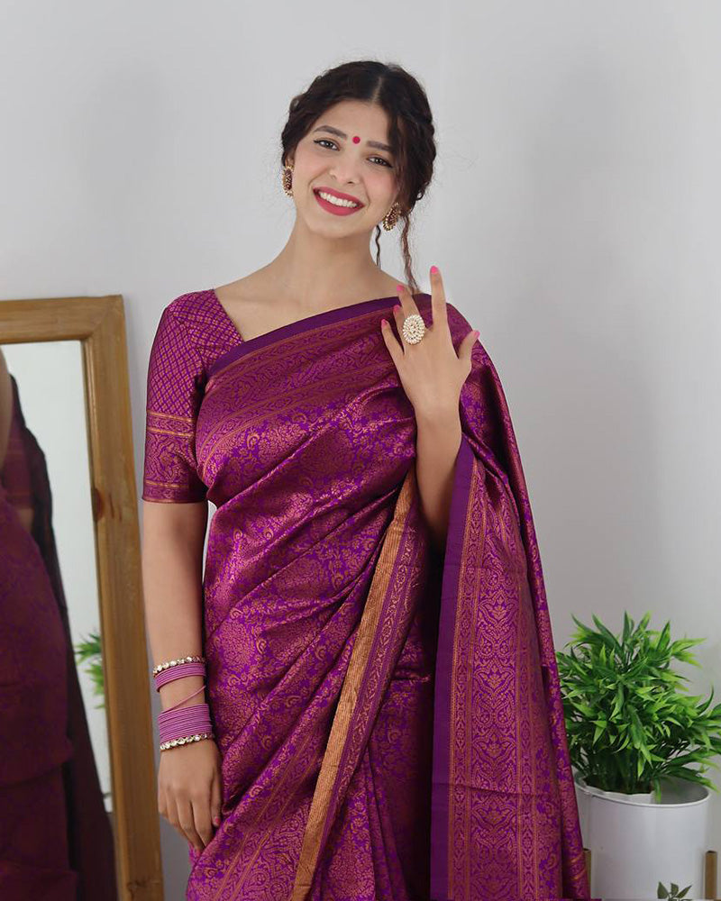 Wine Color Banarasi Jacquard Soft Silk Saree