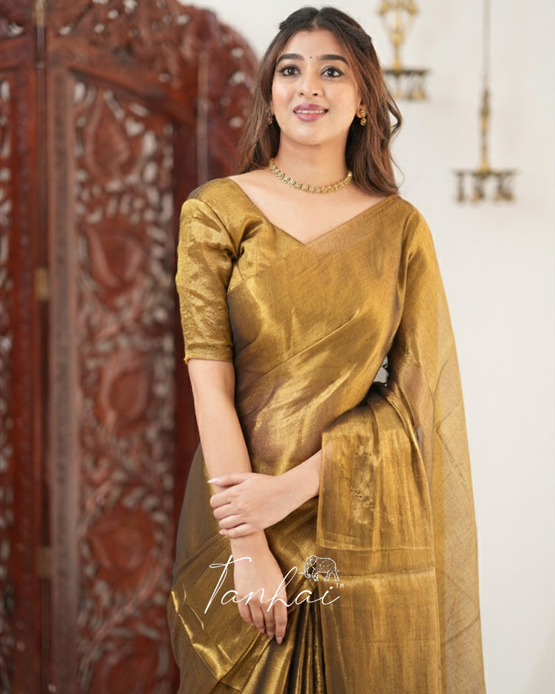 Golden Color Handloom Raga Tissue Cotton Saree