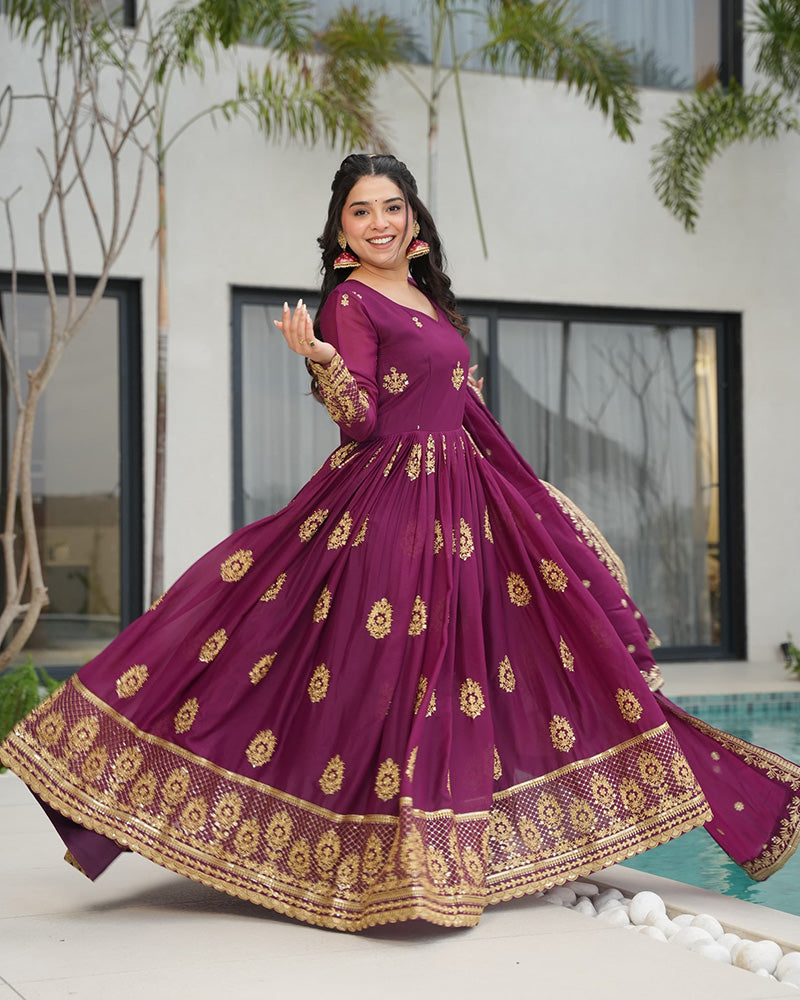 Wine Color Star Georgette Sequence Embroidered Gown