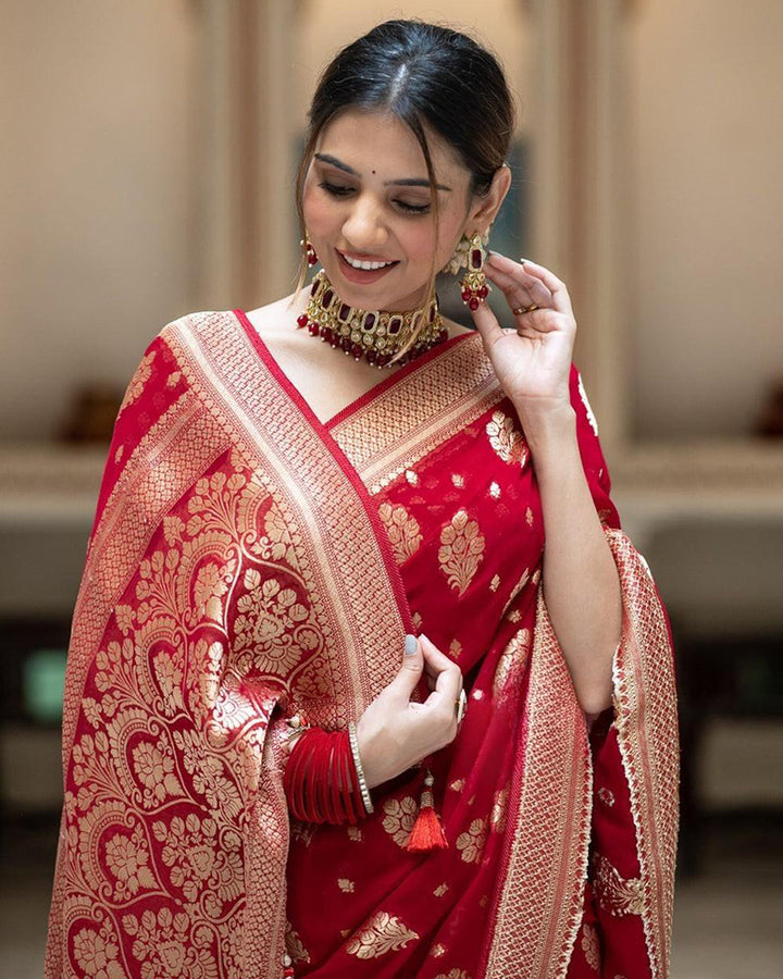 Red Color Banarasi All Over Jacquard Soft Silk Saree