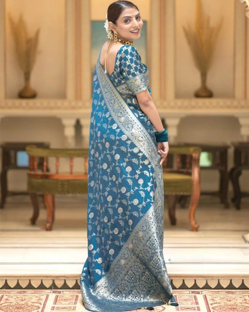 Rama Color Banarasi Jacquard With Zari Work Saree