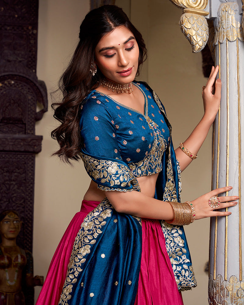 Pink Color Tussar Silk Printed And Foil Work Lehenga Choli