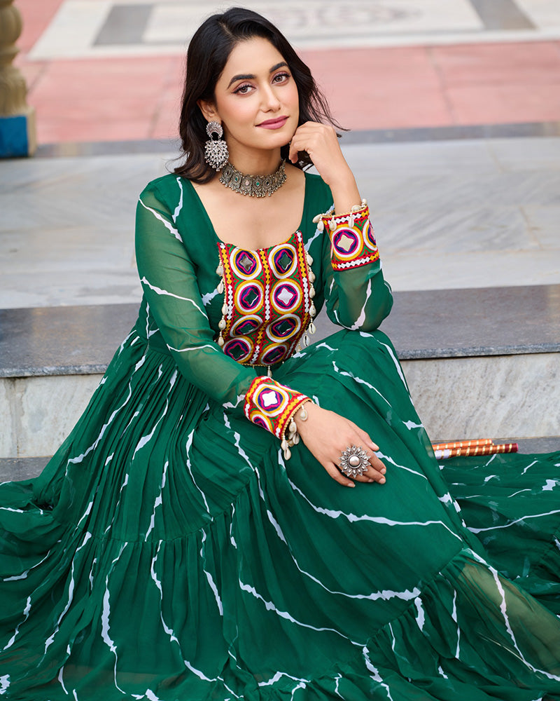 Green Color Georgette Laheriya Print Navratri Gown