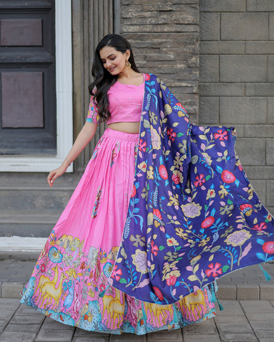 Pink And Blue Color Designer Printed Lehenga Choli