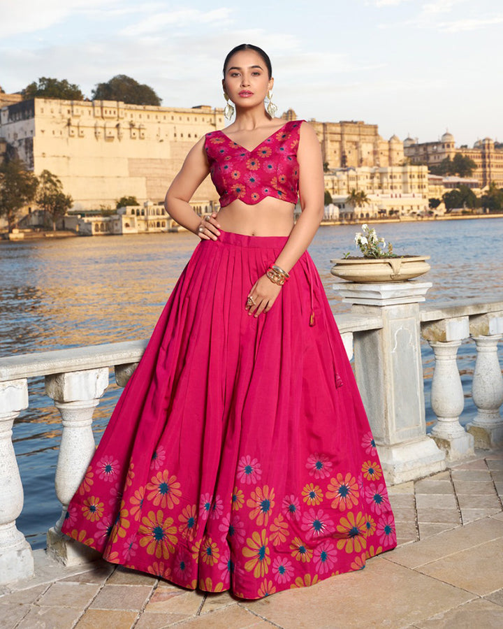 Pink Color Tussar Silk Floral Printed Lehenga Choli