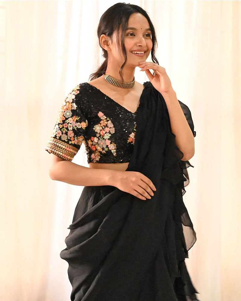 Black Color Soft Organza Ruffle Lehenga Saree